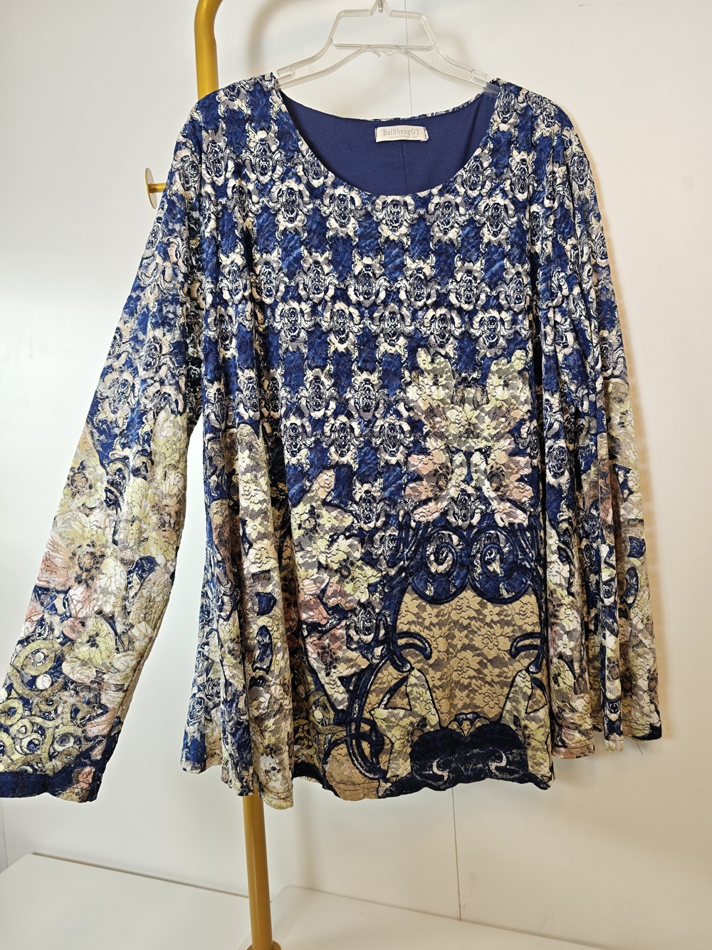 Abstract Floral Women's Blue Lace-Effect Long Sleeve Lined Top Size 18
